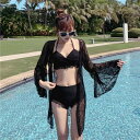 水着 レディース セパレート 3点セット ビキニ バストアップ 長袖 体型カバー 温泉 リゾート プール フェミニン セクシー 大人っぽい ホワイト ブラック