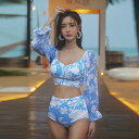 水着 レディース セパレート ビキニ 3点セット 三角ショーツ 体型カバー セクシー フェミニン 温泉 プール 海 リゾート ビーチ ポリエステル素材 パッド付き ノンワイヤー ブルー 春夏