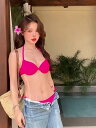 ビキニ レディース 女性用 大人女子 スリーピース 三角ビキニ 小胸 谷間メイク プッシュアップ パッド入り ノンワイヤー セクシー 欧米風 リゾート ビーチ 温泉 プール スイムウェア ローズピンク ポリエステル