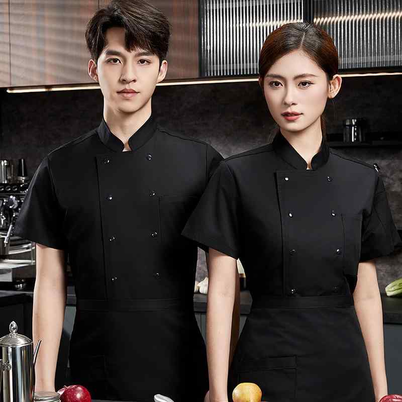 シェフ服 男女兼用 半袖 薄手 通気性 吸湿速乾 綿混 飲食店 ホテル 厨房 調理用 ユニフォーム 作業着 夏用 白 黒 グレー