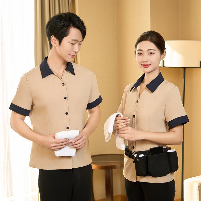 作業服 男女兼用 清掃員用 ホテル 商業施設 ビル管理 サービス業 飲食店 カフェ 業務用 半袖 春夏 ユニフォーム 制服 吸湿速乾 綿混 上着