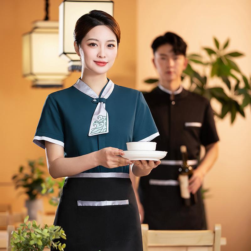制服 レディース メンズ ユニフォーム 半袖 春夏 飲食店 ホテル サービス業 ホールスタッフ 中華風 カフェ 洋食 火鍋店 作業服 吸湿速乾 綿混 コットンブレンド 湖水色 レッド ブラック