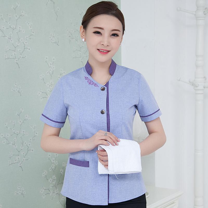 清掃服 男女兼用 半袖 夏用 ホテル レストラン 飲食店 ユニフォーム PA業務 サービスウェア 作業着 吸湿速乾 通気性 快適 綿混紡 ブルー ベージュ