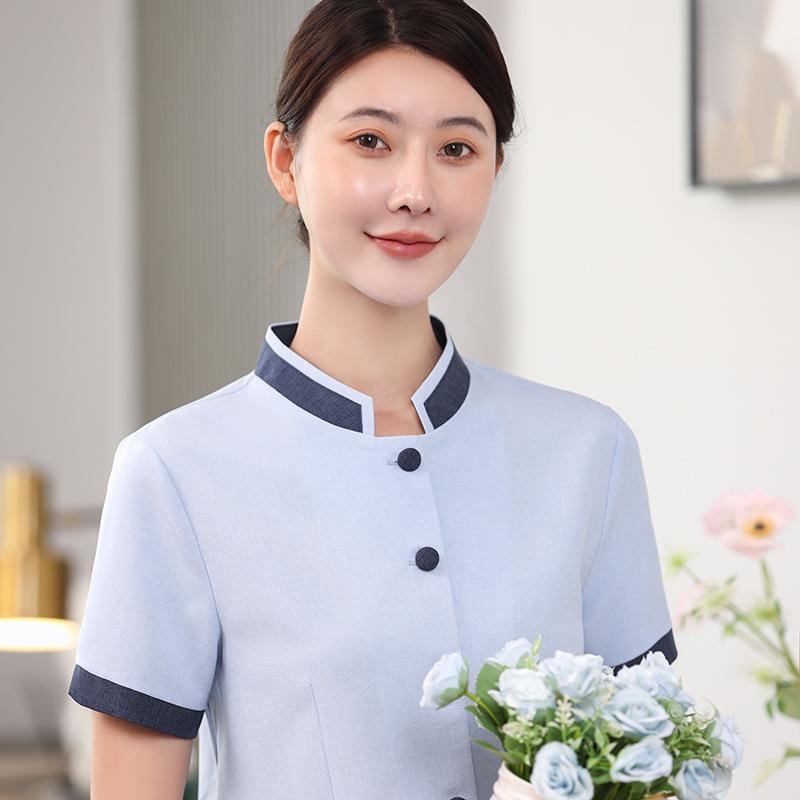 作業服 メンズ 半袖 春夏 清掃員 ユニフォーム ワークトップス ボタン付き 吸湿速乾 コットンブレンド 病院 学校 商業施設 ホテル 飲食 カフェ レストラン 家事代行 ライトブルー ベージュ グレー