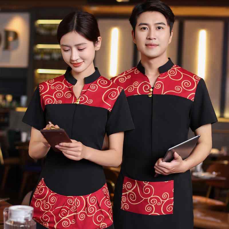 飲食店 ユニフォーム 男女兼用 チャイナ風 レトロ 半袖 トップス ホテル レストラン 接客スタッフ 綿混素材 吸湿速乾 春夏