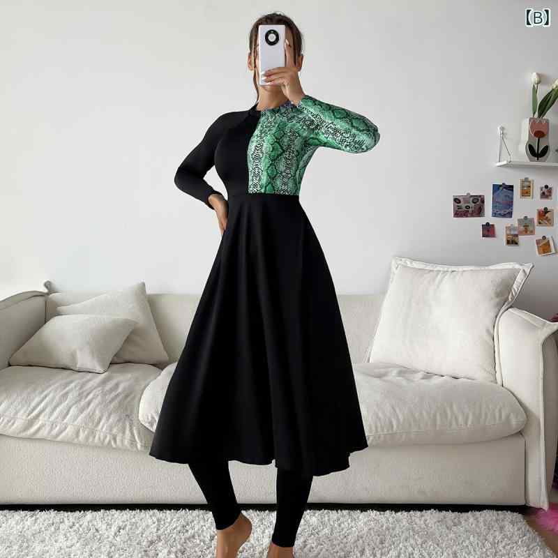 水着 レディース ムスリム 体型カバー ヘビ柄 プリント ハイネック 長袖 ロング丈 春夏 プール ビーチ 海水浴 胸パッド付き ノンワイヤー ポリエステル ナイロン スパンデックス 耐久性 ブラック グリーン