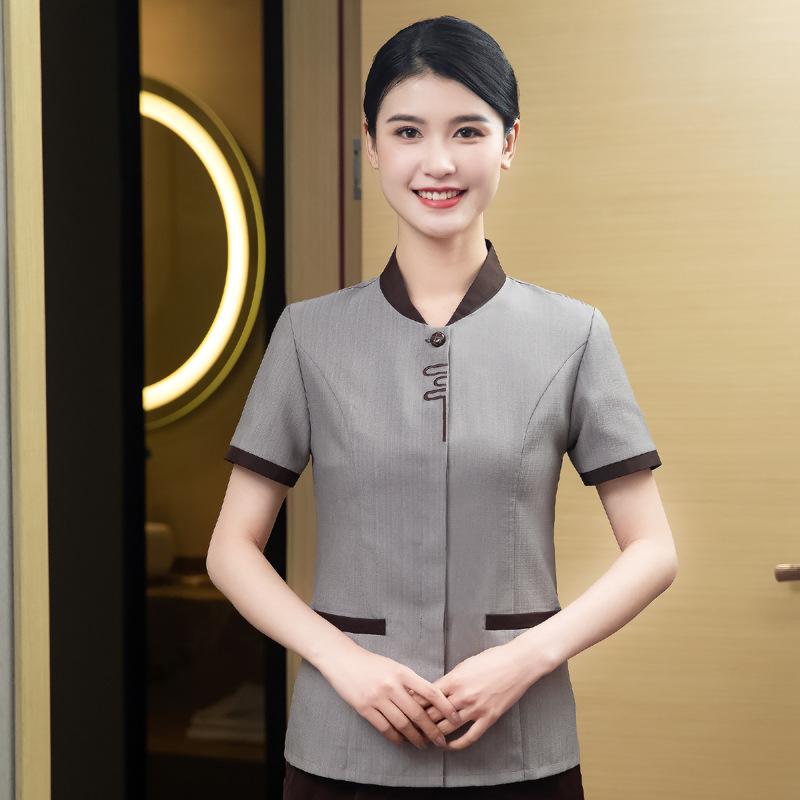 作業服 レディース 女性用 清掃 サービス業 ホテル 客室 施設管理 業務用 制服 半袖 上下セット ツーピース 吸湿速乾 綿混 ポリエステル 春夏 グレー ブルー ベージュ