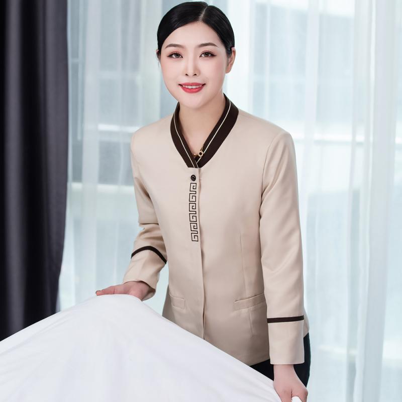 清掃作業服 長袖 男女兼用 ユニセックス ホテル ビル管理 客室清掃 病院 介護 サービス業向け 吸湿速乾 快適 綿混 ポリエステル混紡 秋冬春 ベージュ グレー ブルー 上着