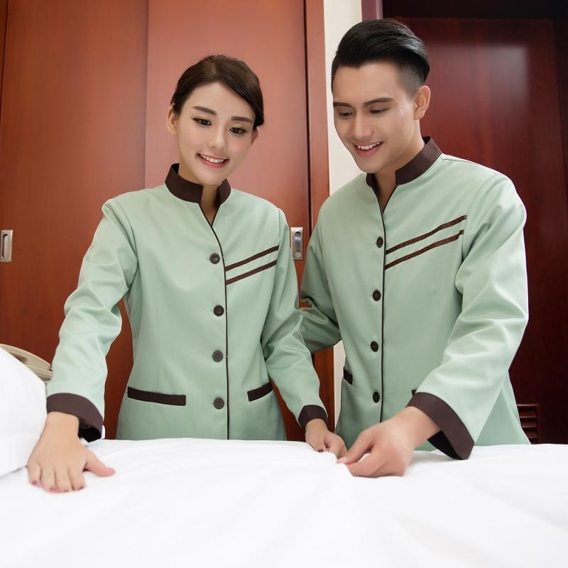 清掃服 男女兼用 長袖 ロングスリーブ ホテル 宿泊施設 客室清掃 作業着 吸湿速乾 ワークユニフォーム ビル管理 施設管理 クリーンスタッフ 制服 綿 秋冬春 グリーン