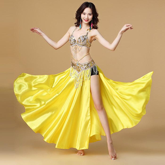 ダンス衣装 大人用 ベリーダンス セクシー 高級感 インド舞 舞台 発表会 演出服 ブラトップ 腰ベルト スカート 3点セット サテン ポリエステル 光沢感 エ...