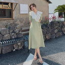 ワンピース レディース フレンチレトロ きれいめ 大人カジュアル デザイン性 個性的 Aライン ロング丈 ミディ丈 襟付き パフスリーブ 半袖 ハイウエスト フリル リボン付き ポリエステル 春夏 ライトグリーン ドラゴンフルーツ色
