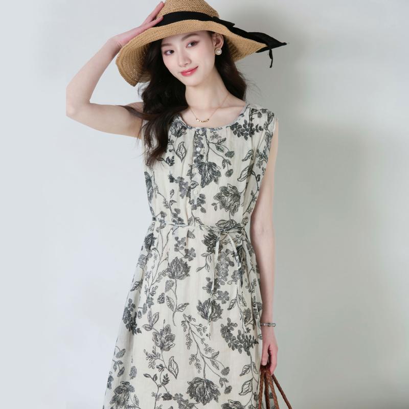ワンピース レディース 春夏 ラミー麻 再生繊維 モノトーン花柄 プリント ラウンドネック ノースリーブ リボン ゆったり レトロ ミディ丈