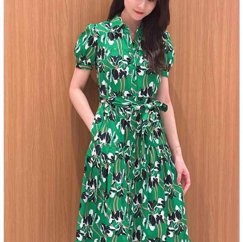 ワンピース 春夏 グリーン ユリ柄 半袖 リボン 綿 Aライン ミディ丈 ハイウエスト 襟付き プルオーバー リゾート エレガント きれいめ
