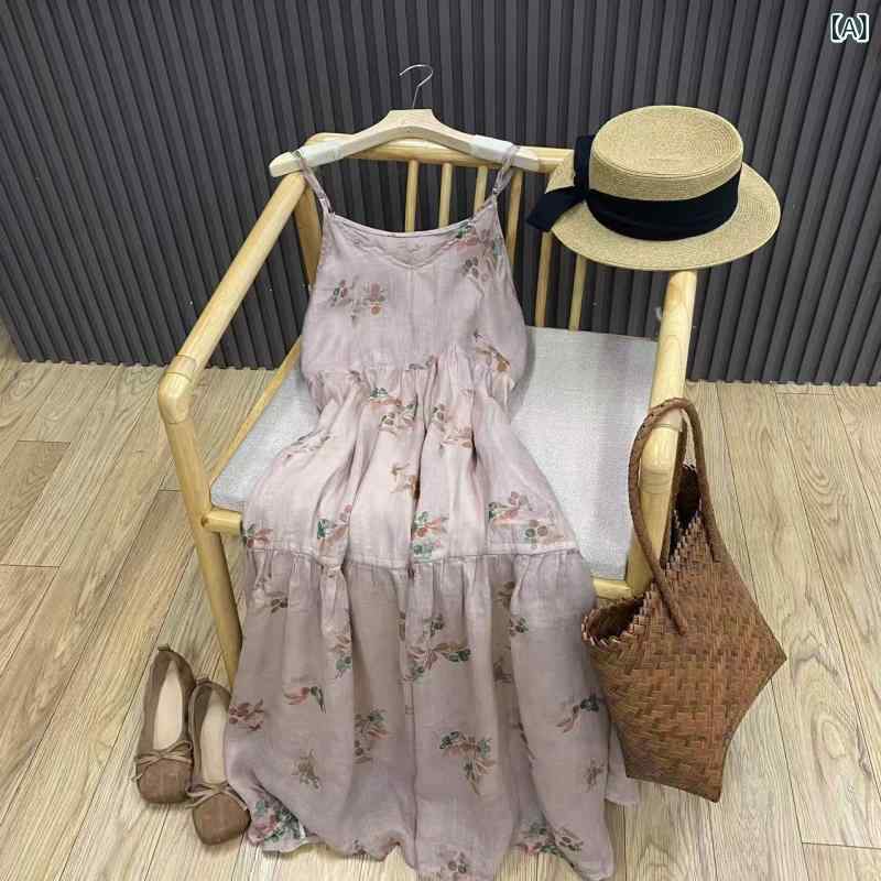 ワンピース レディース 花柄 リネン 麻 キャミソール ミモレ丈 ドレス レトロ ナチュラル ゆったり 体型カバー ノースリーブ 裏地付き 普段使い お出かけ 春夏