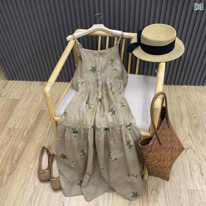 ワンピース レディース 花柄 リネン 麻 キャミソール ミモレ丈 ドレス レトロ ナチュラル ゆったり 体型カバー ノースリーブ 裏地付き 普段使い お出かけ 春夏