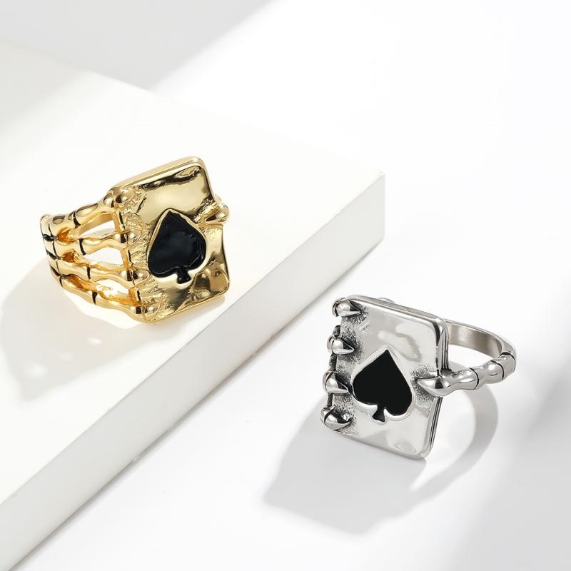 指輪 リング 男女兼用 ユニセックス チタン鋼 スカル ドクロ デーモンハンド スペード ポーカー ステンレス 18K金メッキ レトロ ヴィンテージ アンティーク カジュアル 普段使い 幾何学 スチール ゴールドカラー