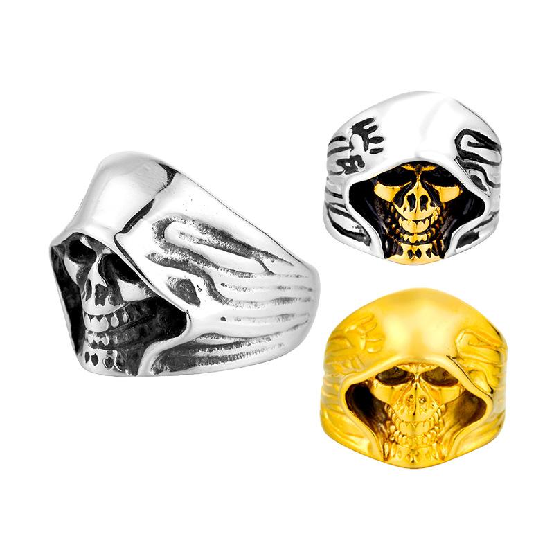リング メンズ チタン鋼 スカル ブラック ヴィンテージ パンク 指輪 ドクロ 個性的 ファッション アクセサリー 男性用 シルバー ゴールド バイカラー