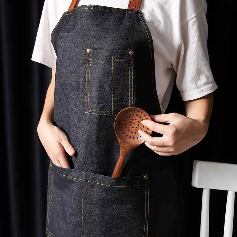 エプロン 男女兼用 首掛け デニム 英国風 おしゃれ モダン シンプル 防汚 フリーサイズ カフェ 喫茶店 ベーカリー 美容師 レストラン 飲食店 キッチン 厨房 作業服 制服 ブルー ブラック