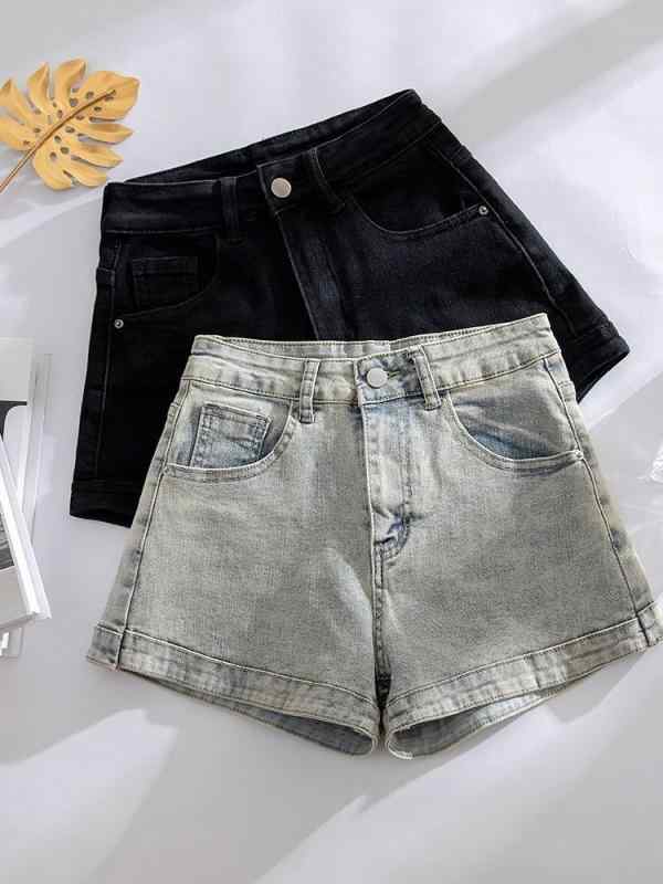 デニム ショートパンツ レディース ハイウエスト Aライン スリムフィット 薄手 ストレッチ 小柄向け トレンド ホットパンツ ユーズド加工 春夏