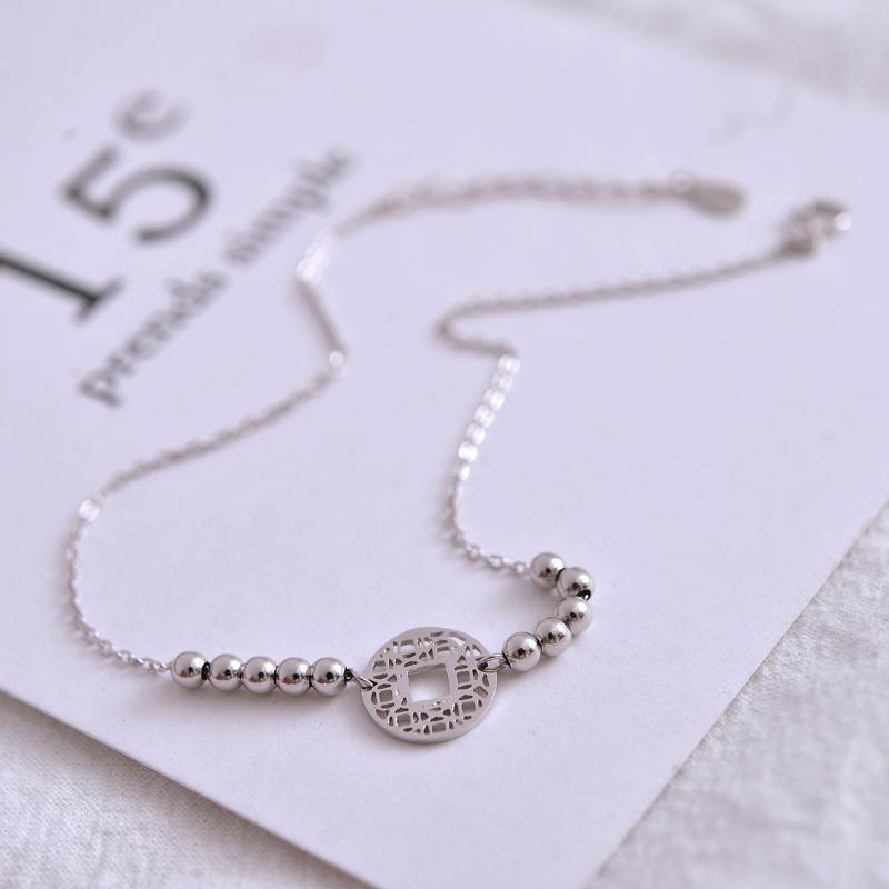 アンクレット レディース S925純銀 銅銭モチーフ 金のインゴット ラッキーアイテム 小粒丸玉 電気メッキ加工 華奢 シンプル 韓国風 足元アクセサリー