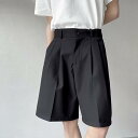 スラックス メンズ 接触冷感 ひんやり ゆったり ストレート ドレープ感 五分丈 ハーフパンツ 短パン ブラック 黒色 ベルト付き トレンド 万能 カジュアル 普段使い 夏 涼しい ポリエステル素材 伸縮性