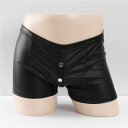 ボクサーパンツ メンズ セクシー フェイクレザー エナメル調 光沢 リベット U字型ポーチ 立体構造 着脱可能 ショート丈 ローライズ アンダーウェア ナイトウェア 男性用 春夏 ブラック
