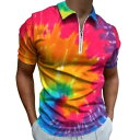 ポロシャツ POLOシャツ メンズ 紳士 半袖 ジップアップ デジタルプリント カラーブロック スリムフィット 接触冷感 吸湿速乾 薄手 夏 カジュアル スポーツ 普段使い