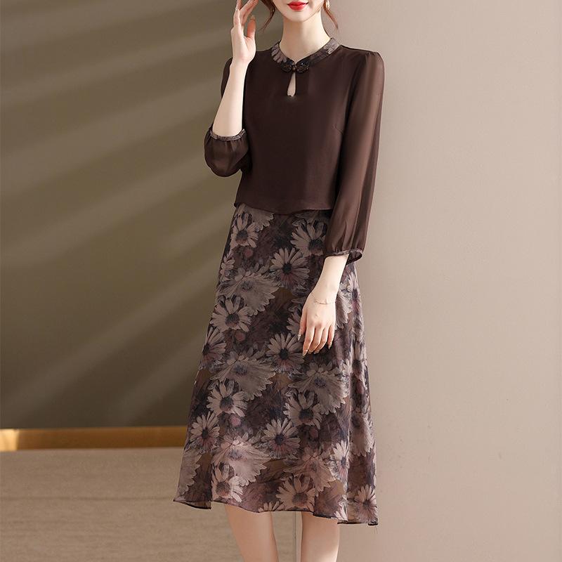 ワンピース ミセス 女性 春夏 モダンチャイナ風 シフォン 重ね着風 小花柄 半袖 スタンドカラー Aライン ミディ丈 スタイルアップ 体型カバー リゾート 旅行 お出かけ ドレス
