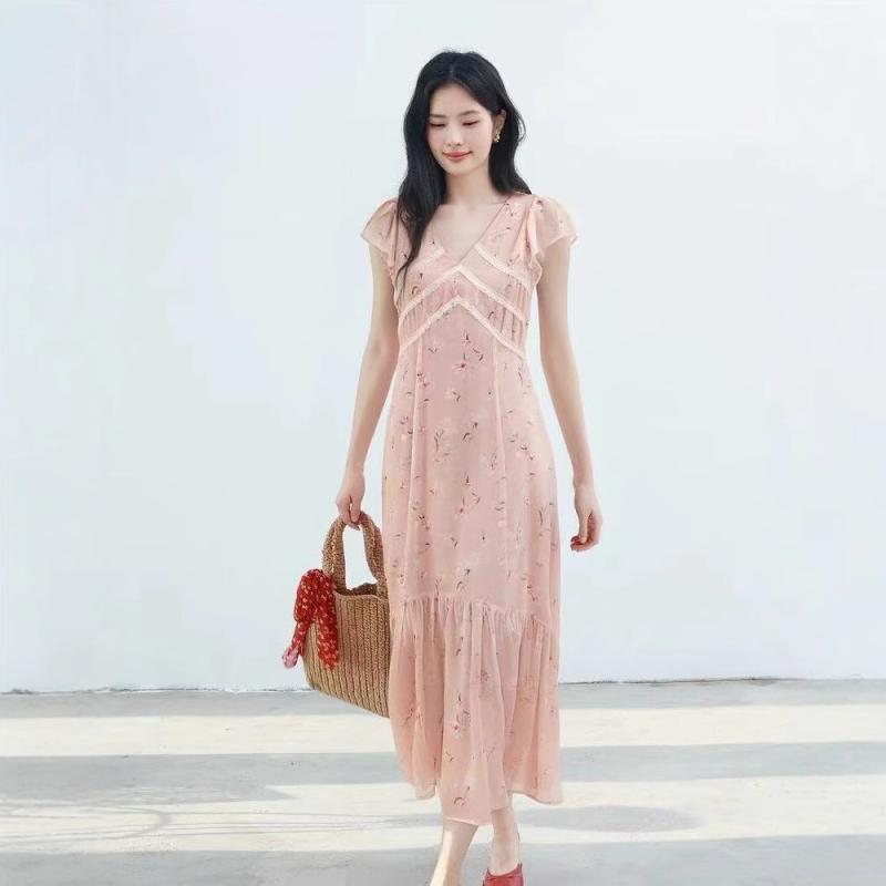 ワンピース レディース 春夏 おしゃれ プリント Vネック 半袖 ミディ丈 マーメイド 着痩せ効果 デザイン ピンク ポリエステル エレガント きれいめ 通勤 オフィス ドレス(4)