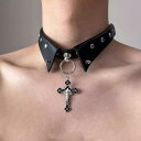 ネックレス 男女兼用 ダーク パンク ゴシック ロック フェイクカラー クロス チョーカー 鎖骨チェーン 個性的 存在感 欧米風 クール スタイリッシュ フェイクレザー 合金製 ブラック ホワイト