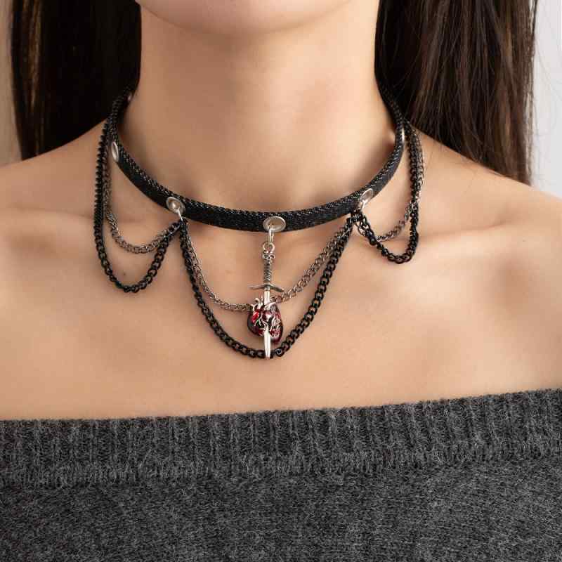 ネックレス レディース Y2K パンク ヒップホップスタイル レザー チョーカー ハート チェーン タッセル 個性的 甘辛ミックス ギャル