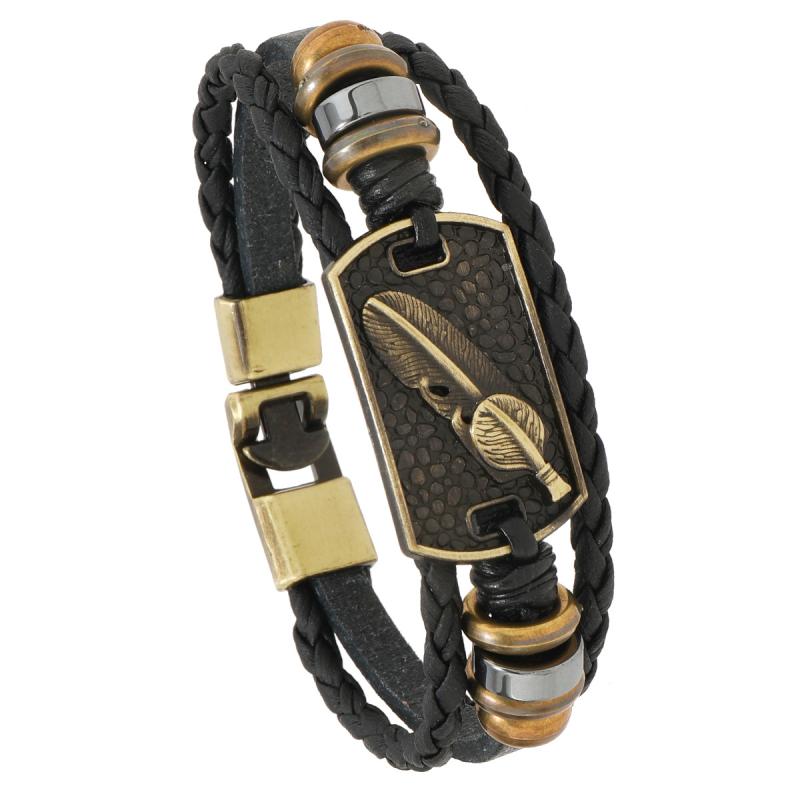 ブレスレット ユニセックス 欧米風 レザー 革 パンクスタイル フェザー 羽 ビーズ バックル 個性的 ハンドメイド カジュアル ブラック ダークブラウン 秋冬