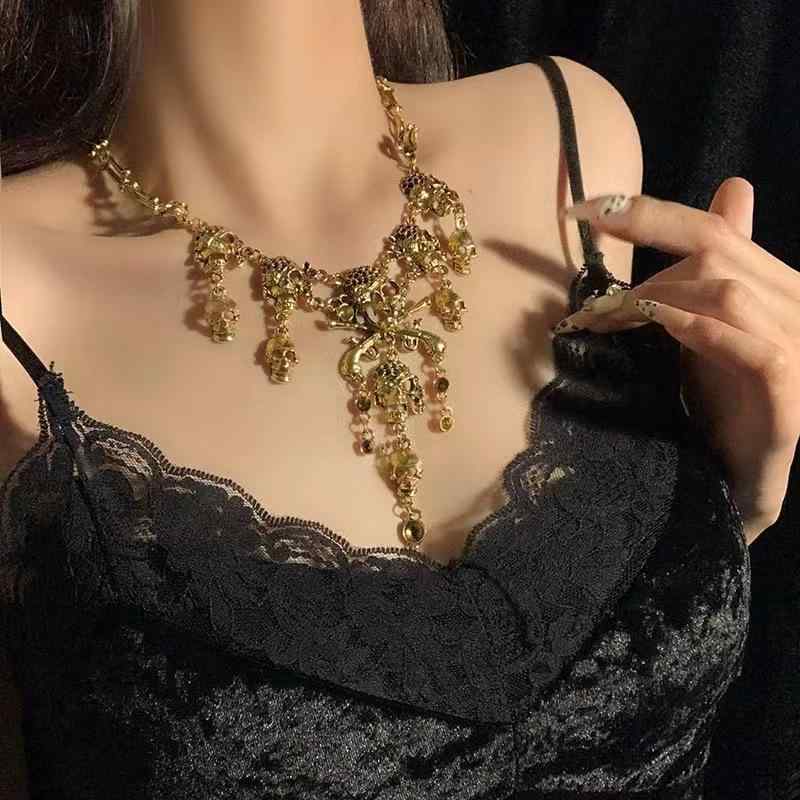 ネックレス ユニセックス スカル ドクロ ゴシック パンク レトロ ヴィンテージ ダーク 欧米風 個性的 ラインストーン 合金製 アクセサリー ハロウィン イベント チョーカー