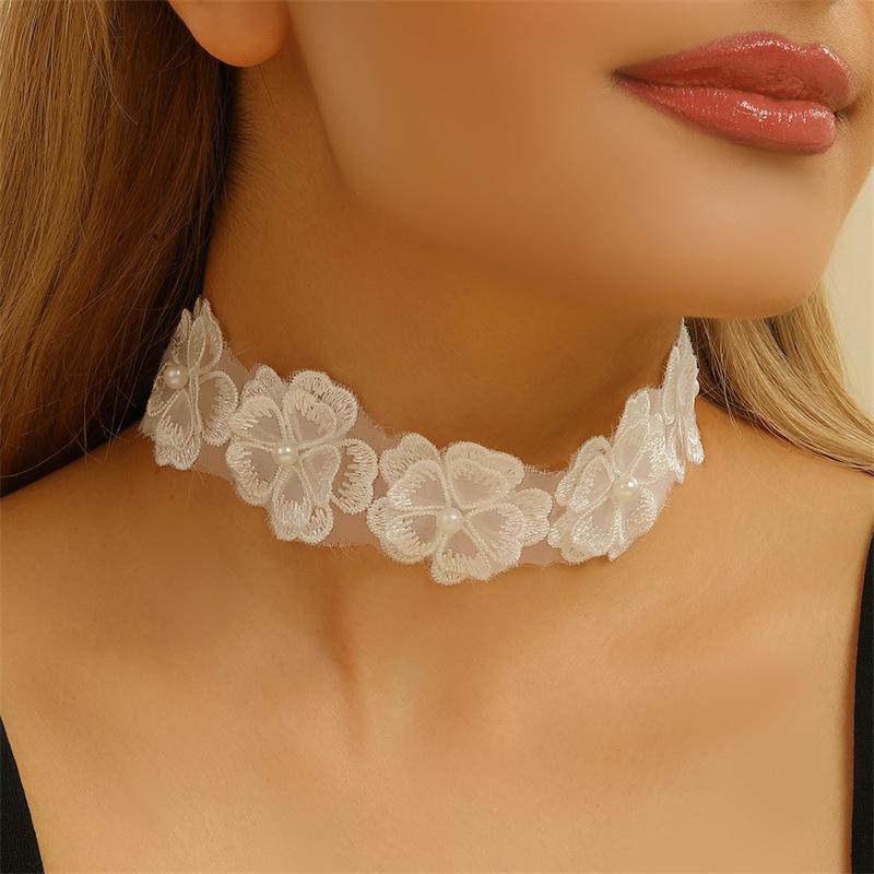 ネックレス レディース レース パール チョーカー 春夏 上品 華やか ジオメトリック リングモチーフ 電気メッキ加工 ピンク ホワイト