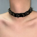 チョーカー レディース 個性的 パンク ファッション 大ぶり ダブルレイヤー レザー 革 メタル 多重円 ベルトモチーフ ドットスタッズ ネックレス 電気メッキ加工 春夏