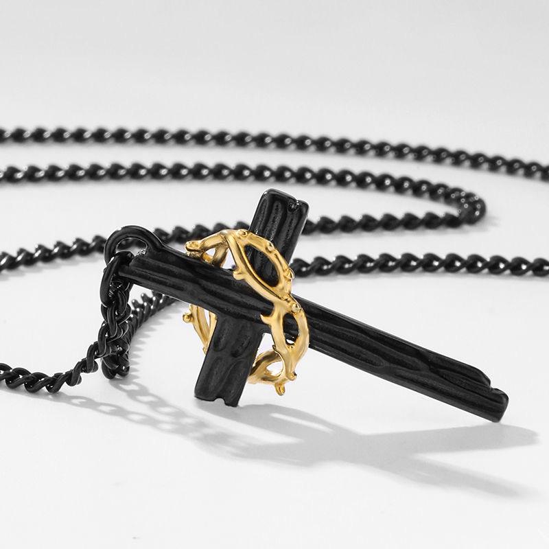 ペンダント ユニセックス 欧米風 レトロ ヴィンテージ 茨 十字架 ブラック ゴールド 高級感 ストリート パンクスタイル 個性的 ネックレス チョーカー アクセサリー