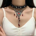 ネックレス レディース ダークパンク ゴシック ブラック 黒 レザー 革製 エナメル加工 ハート タッセル フリンジ レトロ ヴィンテージ 個性的 チョーカー 電気メッキ加工 春夏