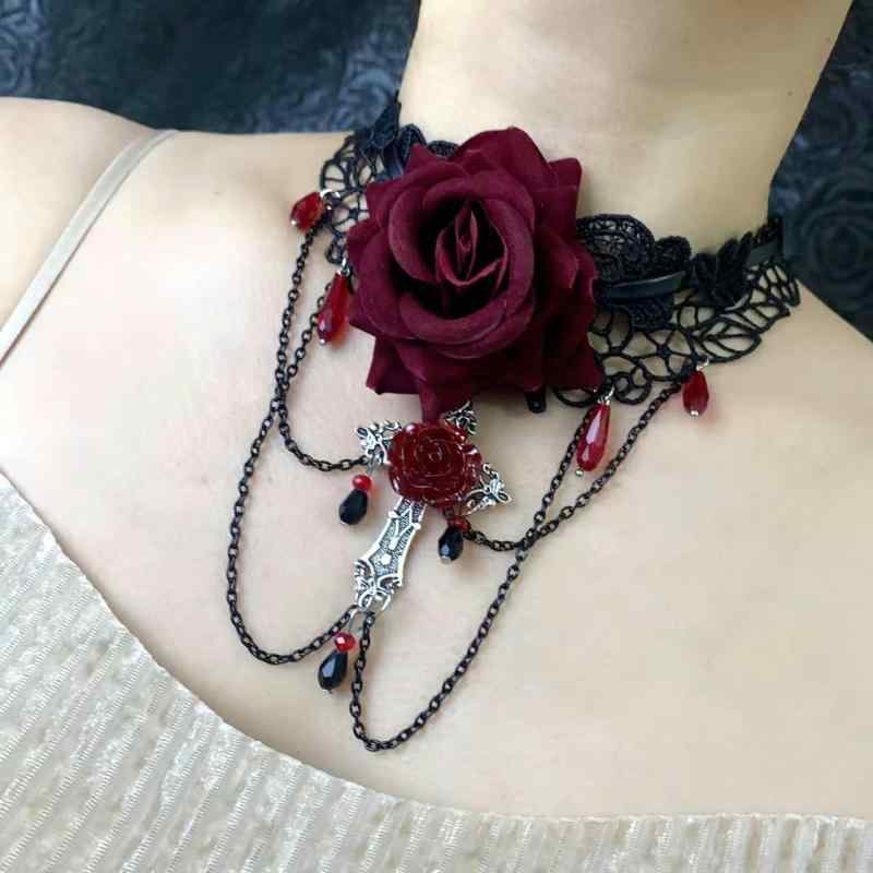 チョーカー レディース スウィート＆クール パンク ゴシック ダーク系 レース 水滴 タッセル ローズ ネックレス 首飾り 個性派 甘辛ミックス ハンドメイド ブラック 首元アクセサリー