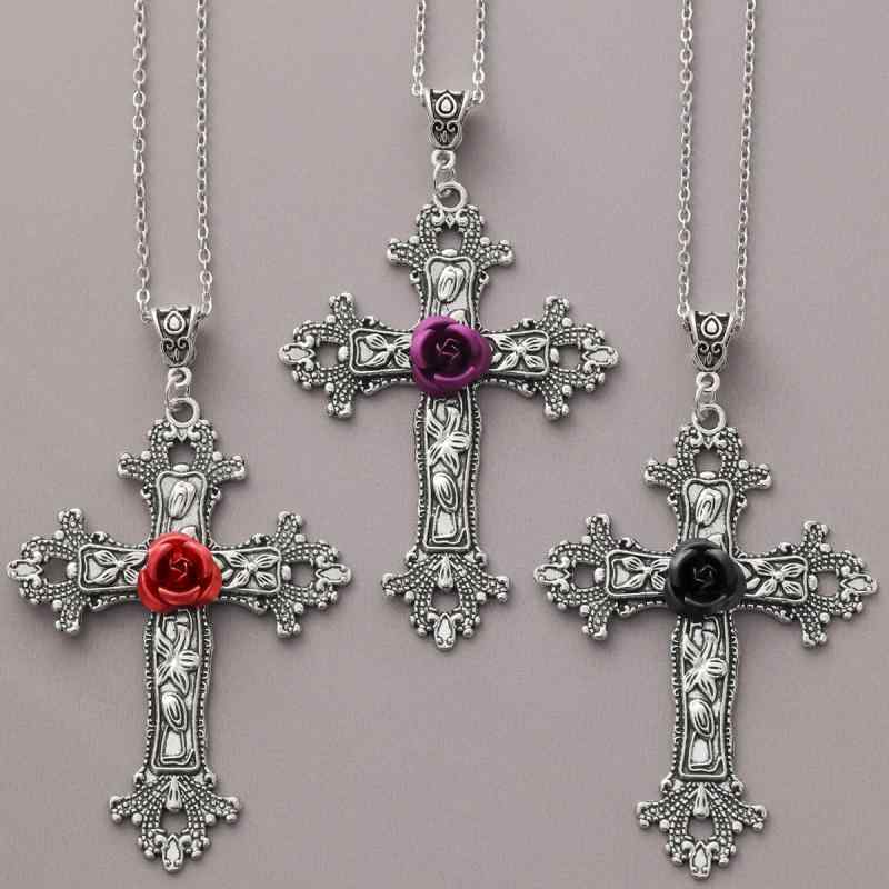ネックレス レディース ローズ 薔薇 十字架 ペンダント 鎖骨ネックレス セーターネックレス ロングネッ..