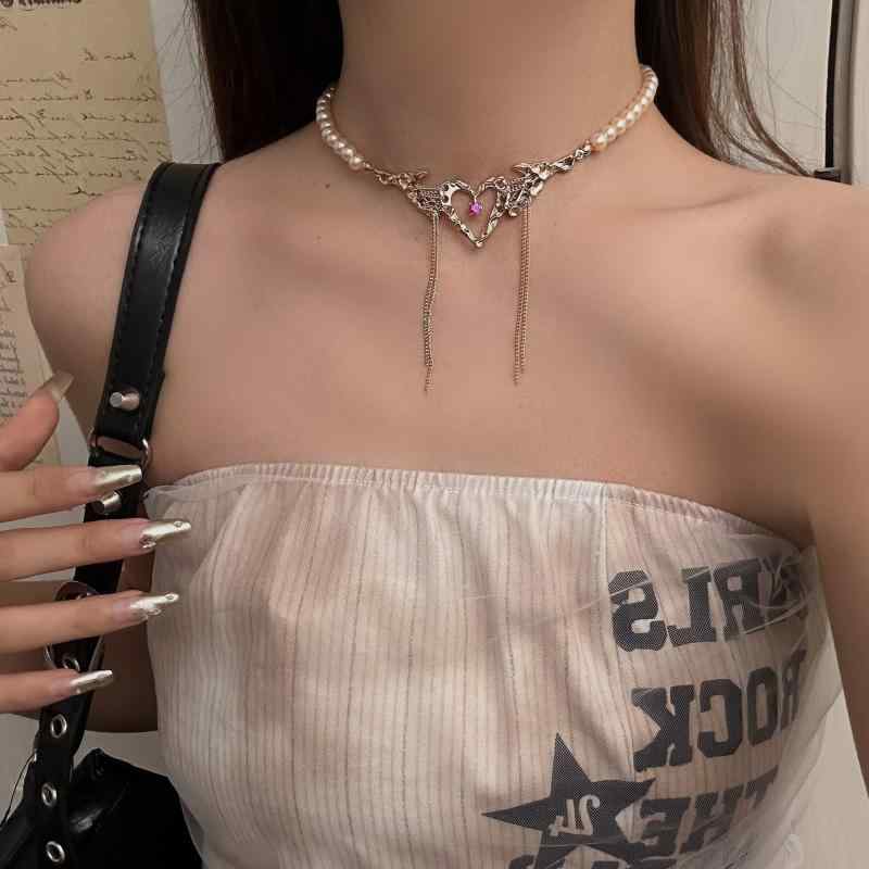 チョーカー ネックレス レディース 欧米風 ハート フリンジ フェイクパール 個性的 ショートネックレス..