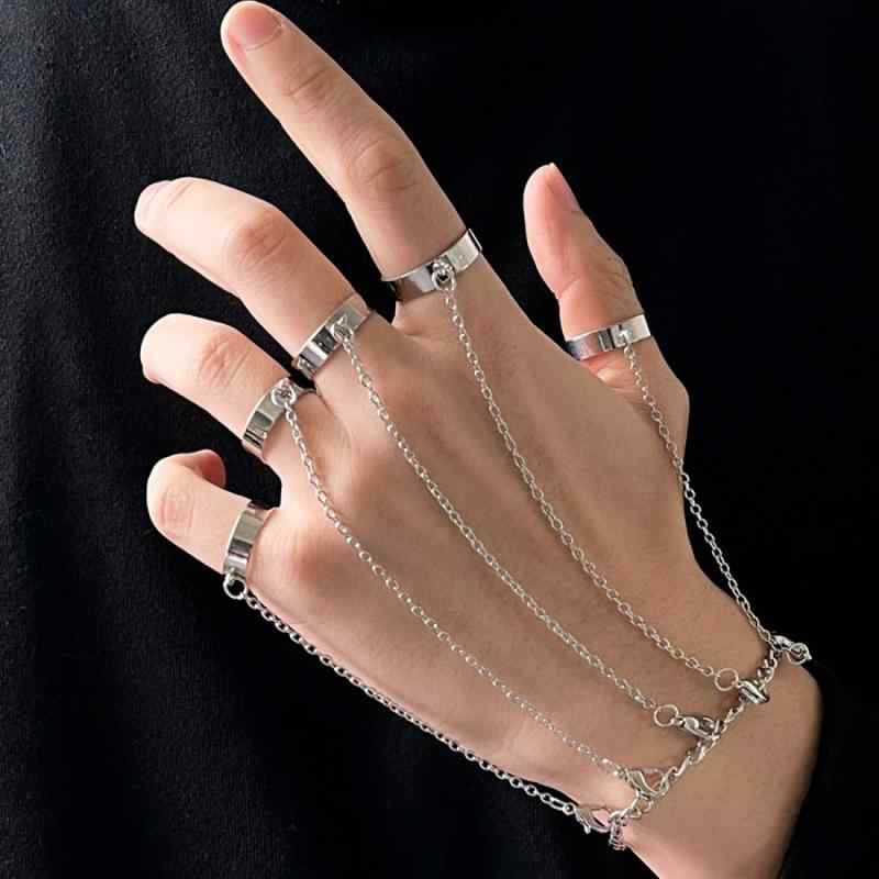 リングブレスレット 指輪 男女兼用 パンク ロック 欧米風 ストリート チェーン 連結 一体型 オープンリング フリーサイズ インデックスリング 人差し指 幾何学 個性的 ユニーク メタル 電気メッキ加工 シルバー ゴールド ブラック
