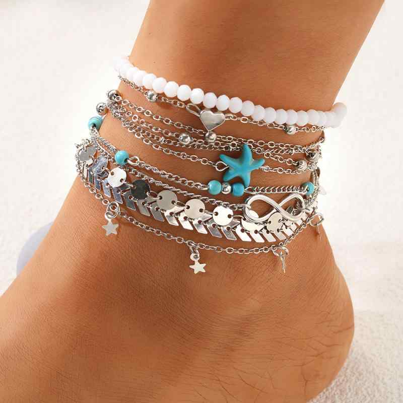 アンクレット 足飾り 男女兼用 サマー ビーチ リゾート カジュアル コード 編み込み スターフィッシュ ヒトデ 波模様 ウェーブ シェル 貝殻 ターコイズ ト...