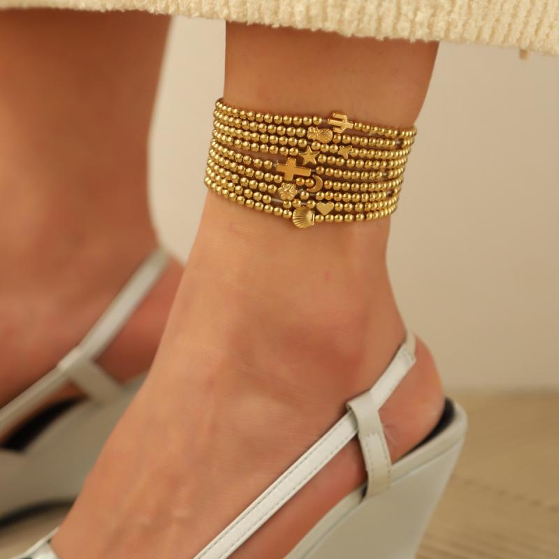 アンクレット レディース 足元アクセサリー シンプル ミニマル ビーズ 星形 重ね付け レイヤードスタイル 9連セット 合金製 春夏 ビーチ リゾート カジュア...