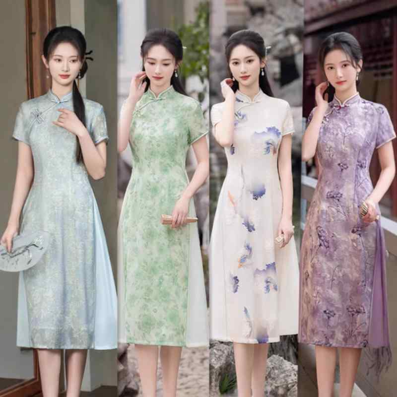 ワンピース レディース チャイナドレス アオザイ風 モダンチャイナスタイル スタンドカラー 立ち襟 半袖 ミドル丈 シフォン素材 ポリエステル 伸縮性 スリット入り 小柄な方向け 普段使い 春夏