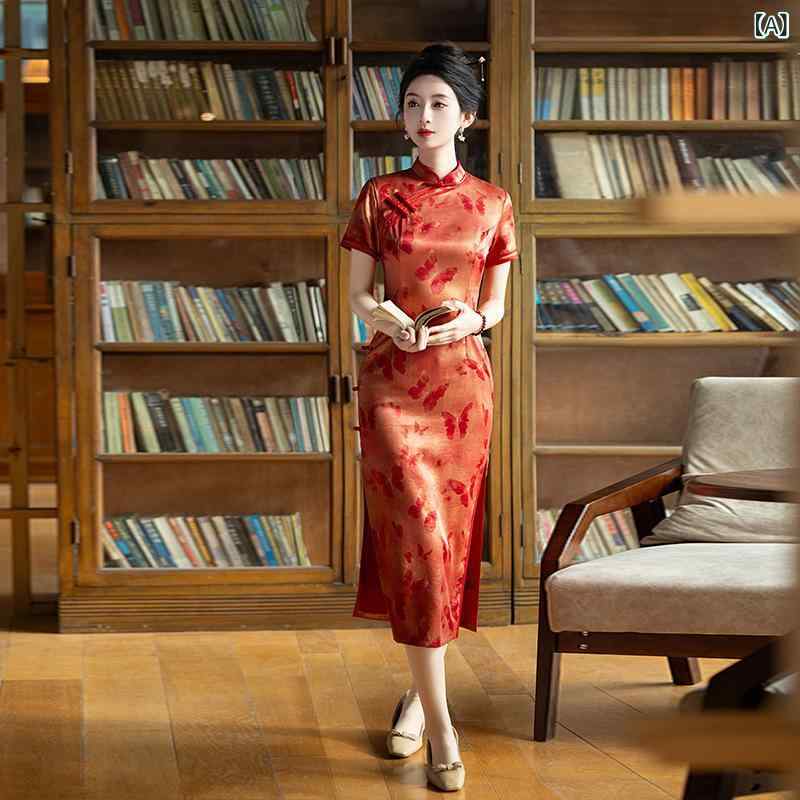 チャイナドレス レディース ママ向け レッド 赤色 細見え スタイルアップ 春夏 受験応援 普段使い デイリーユース 光沢ポリエステル サテン調 刺繍 立ち襟 ミドル丈 スリット入り 伸縮性