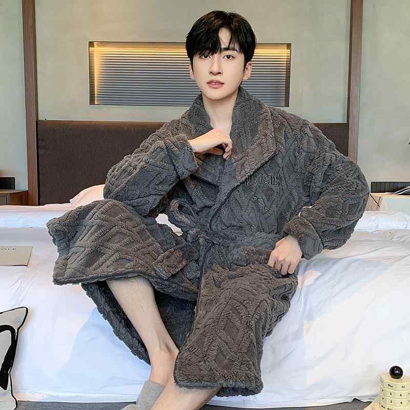 ガウン メンズ 秋冬 サンゴフリース 厚手 裏起毛 保温 ローブ バスローブ パジャマ 寝巻き 部屋着 あったか ふわふわ 柔らかい ゆったり お風呂上がり ナイトウェア ポリエステル 快適
