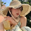 麦わら帽子 レディース フレンチスタイル レース装飾 透かし編み つば広 通気性 UVカット 紫外線対策 日よけハット ビーチ リゾート 旅行 コットン素材 春...