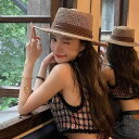 麦わら帽子 レディース フレンチスタイル 透かし編み 平つば 広つば リボン付き 日よけ UV対策 旅行 リゾート ビーチ ハット ストローハット 女性用 パナ...