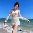 水着 レディース セクシー ビキニ スリーピース 韓国風 セパレート 長袖 インフルエンサー 旅行 撮影 プール ビーチ リゾート 胸パッド付き ノンワイヤー 体型カバー 春夏 ブラック オフホワイト(4)