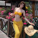 水着 レディース 春夏 イエロー カメリア 花柄 リゾート ビーチ プール 海水浴 マリンスポーツ スタイルアップ 着痩せ セクシー バンドゥ チューブトップ セパレートビキニ スリーピースセット ポリエステル スパンデックス 伸縮性 ストレッチ